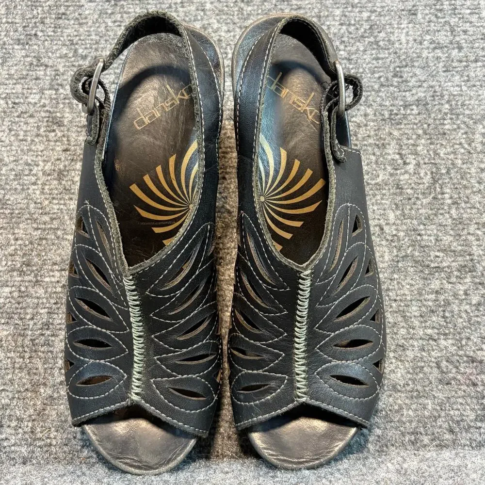 Dansko Rowena Slingback Black Leather Clogs Women Professional Work Size 7.5 38
